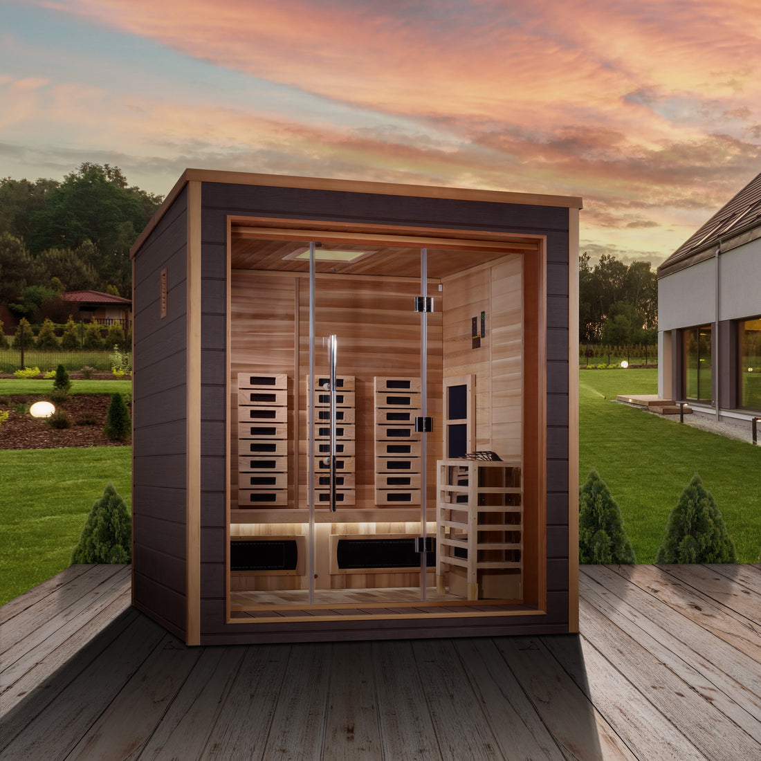 Golden Designs Visby 3-Person Outdoor-Indoor Hybrid Sauna, Canadian Red Cedar