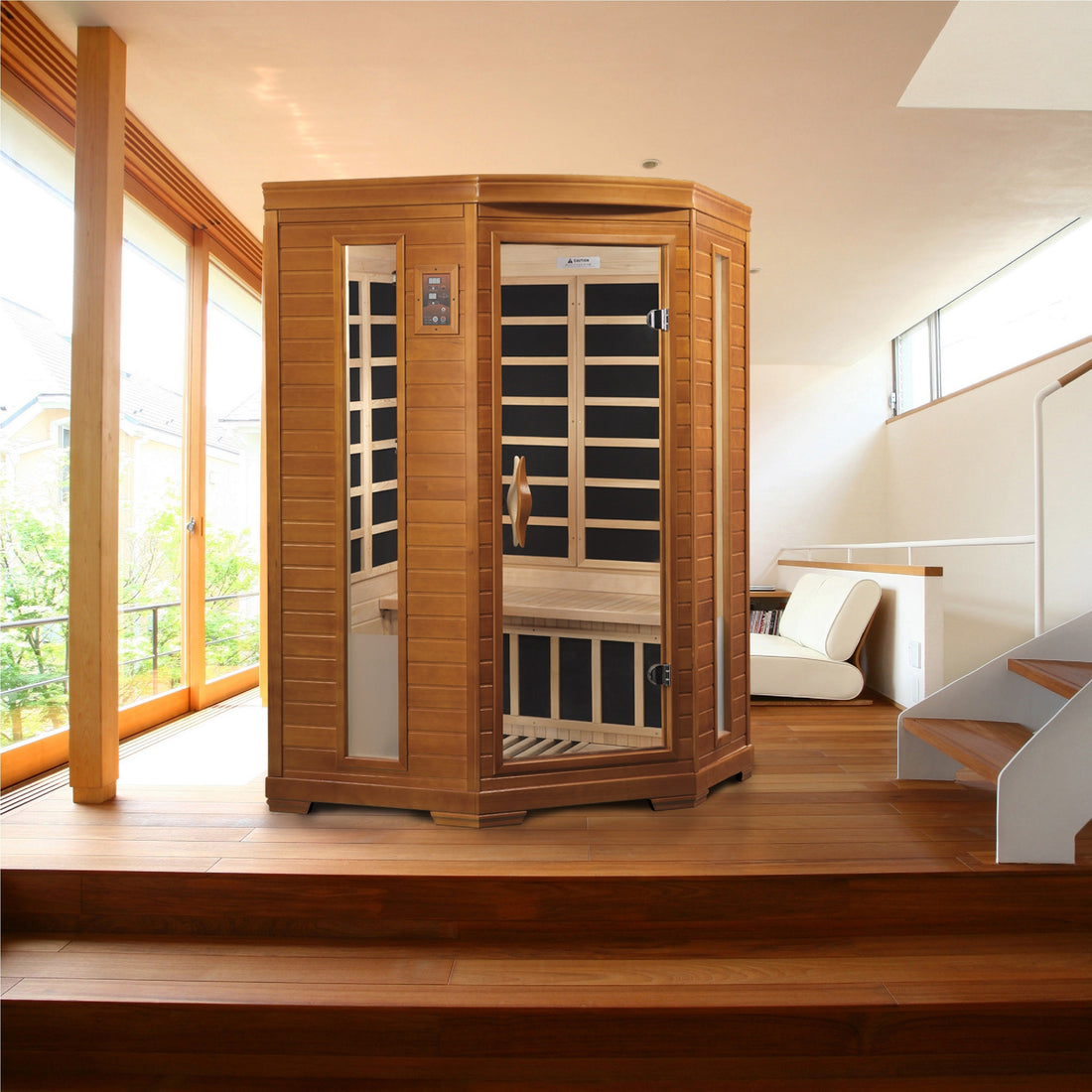Heming sauna corner placement showing Canadian hemlock wood construction