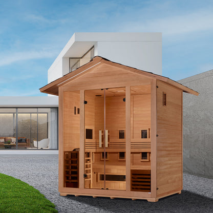 Golden Designs "Gargellen" 5-Person Hybrid Outdoor Sauna (Full Spectrum + Traditional Stove)