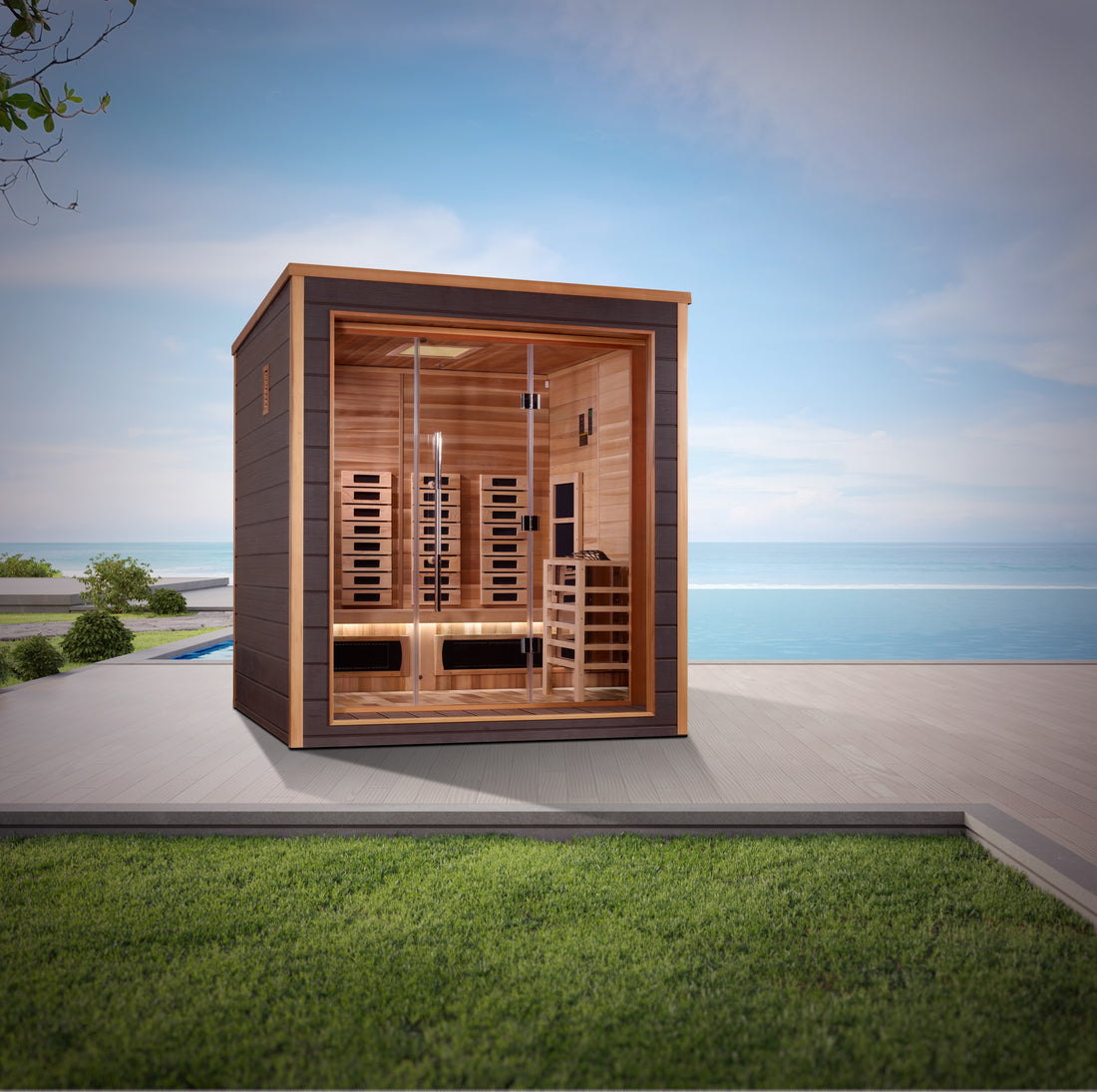 Golden Designs Visby 3-Person Outdoor-Indoor Hybrid Sauna, Canadian Red Cedar