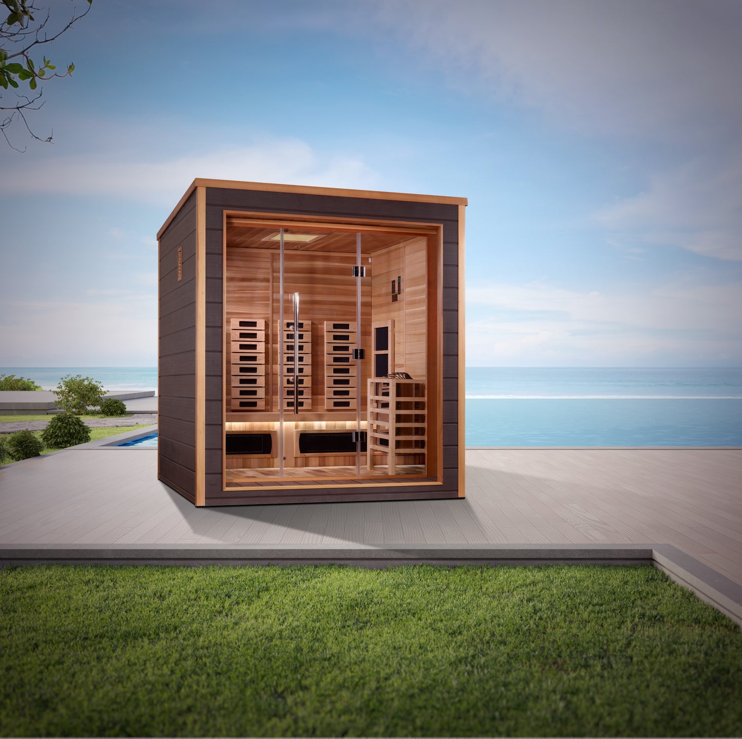 Golden Designs Visby 3-Person Outdoor-Indoor Hybrid Sauna, Canadian Red Cedar