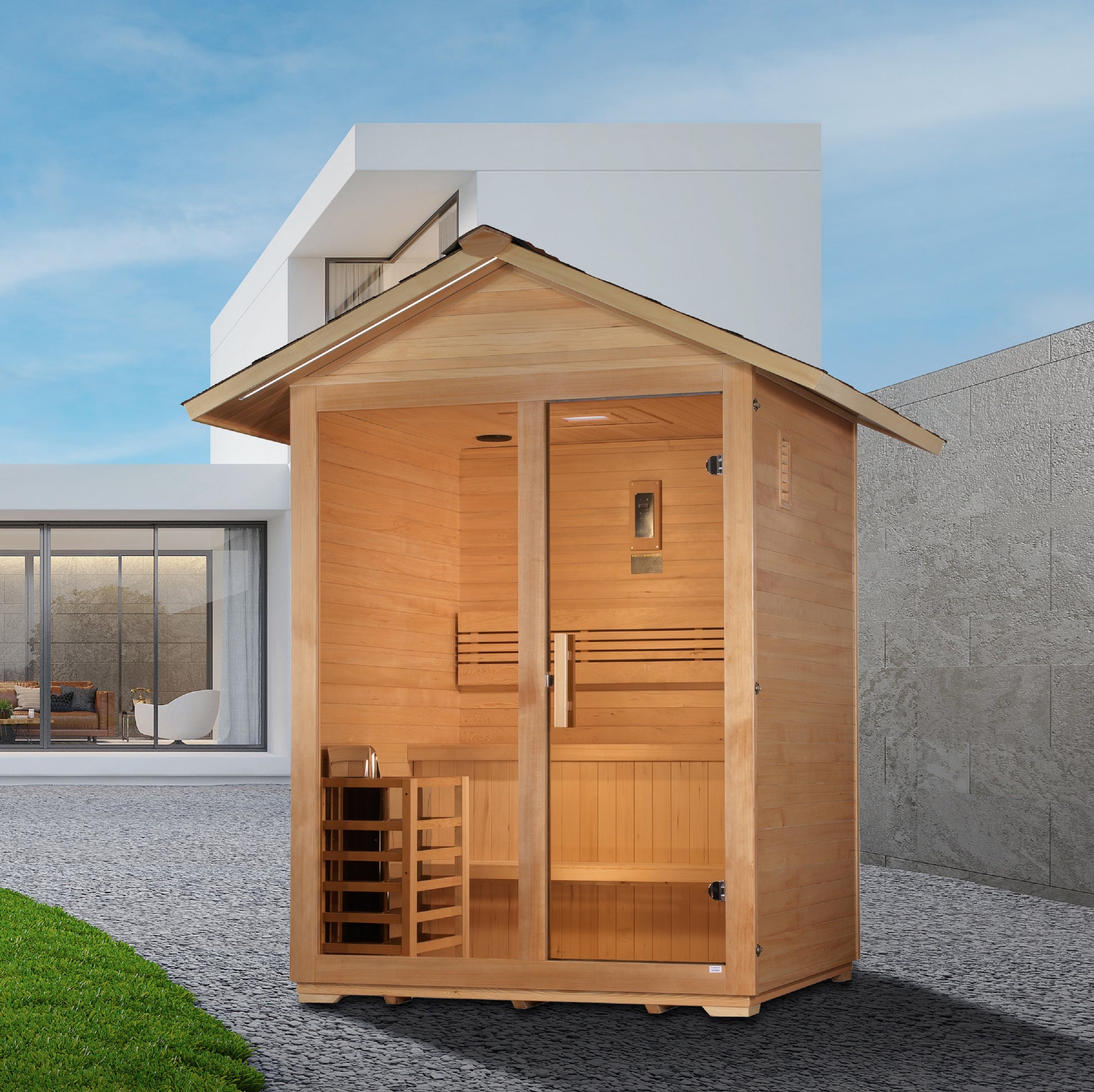 Arlberg 3-person traditional outdoor sauna in landscaped setting