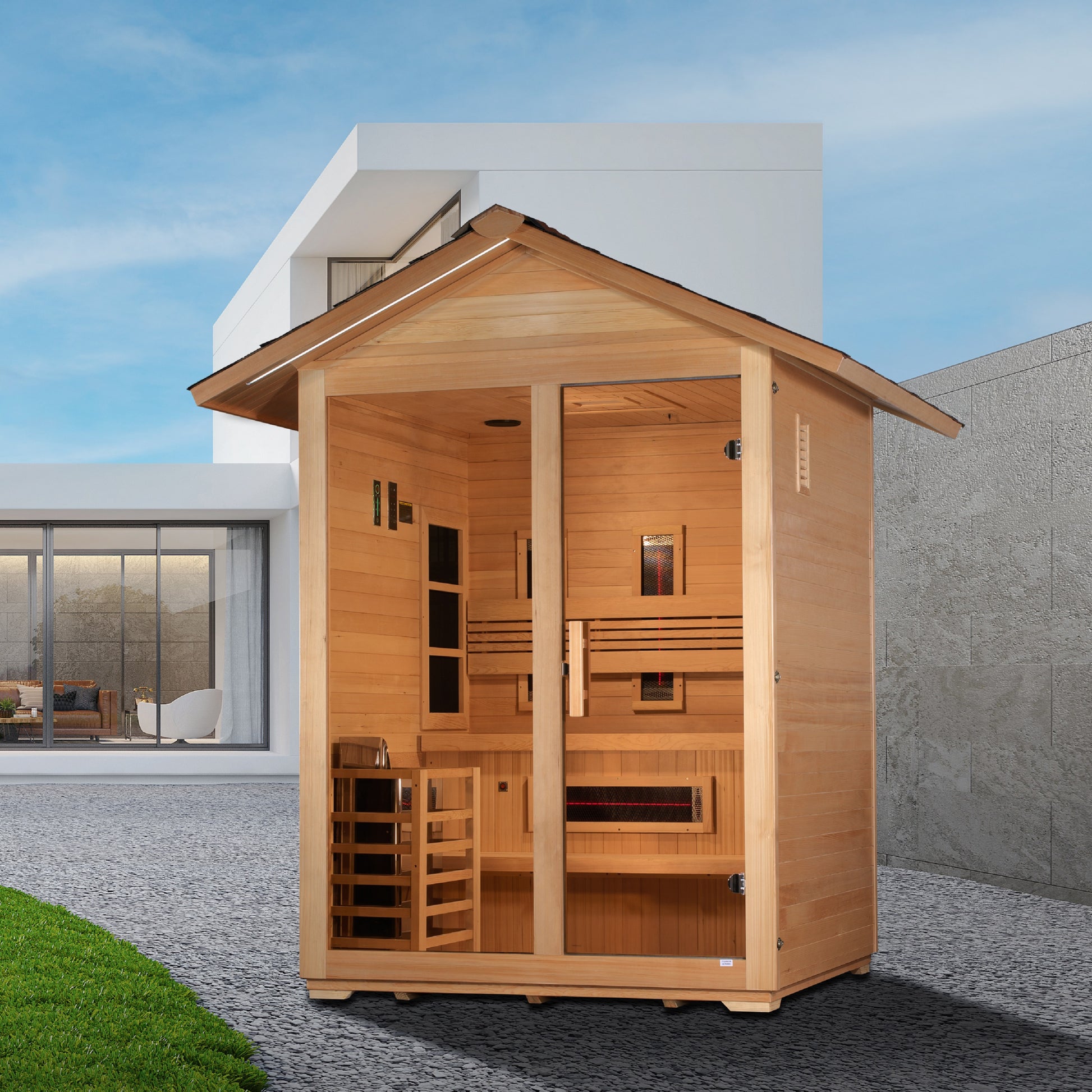 Carinthia hybrid outdoor sauna in landscaped setting