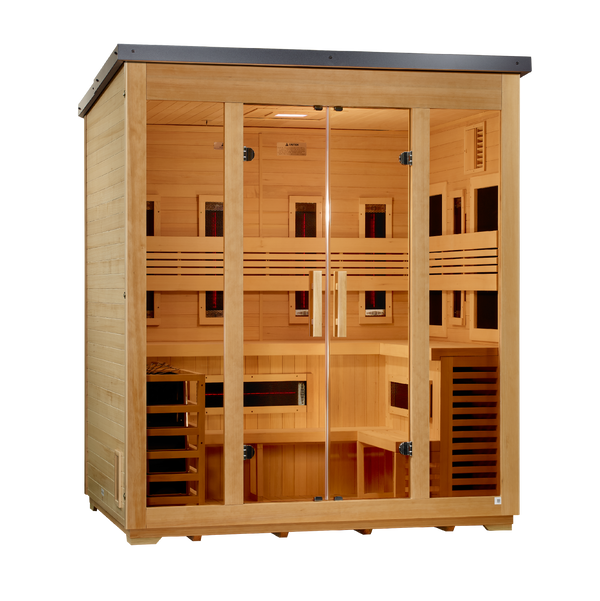 Golden Designs "Gargellen" 5-Person Hybrid Flat Roof Outdoor Sauna (Full Spectrum + Traditional Stove)