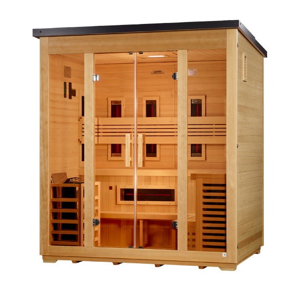 Golden Designs "Gargellen" 5-Person Hybrid Flat Roof Outdoor Sauna (Full Spectrum + Traditional Stove)