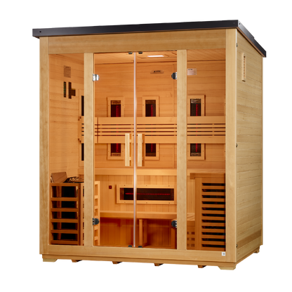 Golden Designs "Gargellen" 5-Person Hybrid Flat Roof Outdoor Sauna (Full Spectrum + Traditional Stove)