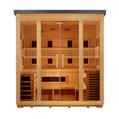 Golden Designs "Gargellen" 5-Person Hybrid Flat Roof Outdoor Sauna (Full Spectrum + Traditional Stove)